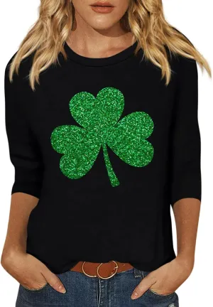Womens St. Patrick's Day Shirts 3/4 Sleeve Green Shirts for Women Lucky,3/4 Sleeve Shirts for Women Cotton Fall T Shirts