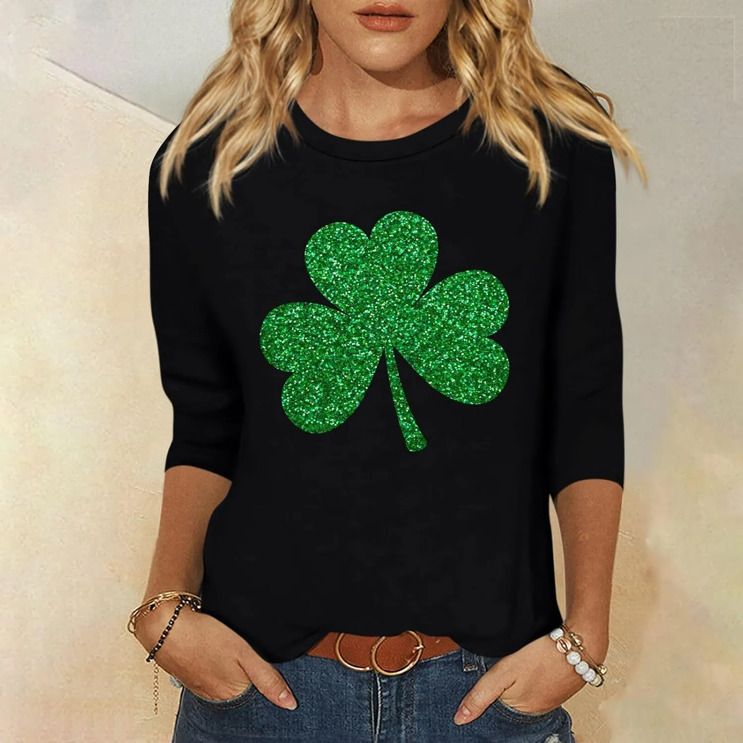 Womens St. Patrick's Day Shirts 3/4 Sleeve Green Shirts for Women Lucky,3/4 Sleeve Shirts for Women Cotton Fall T Shirts
