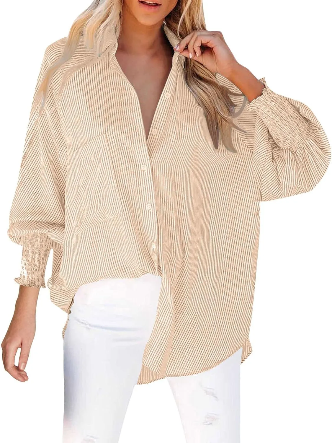 Women's Striped Button Down Shirts Puff Sleeve Oversized Blouses Boyfriends Loose Tunics Business Work Tops