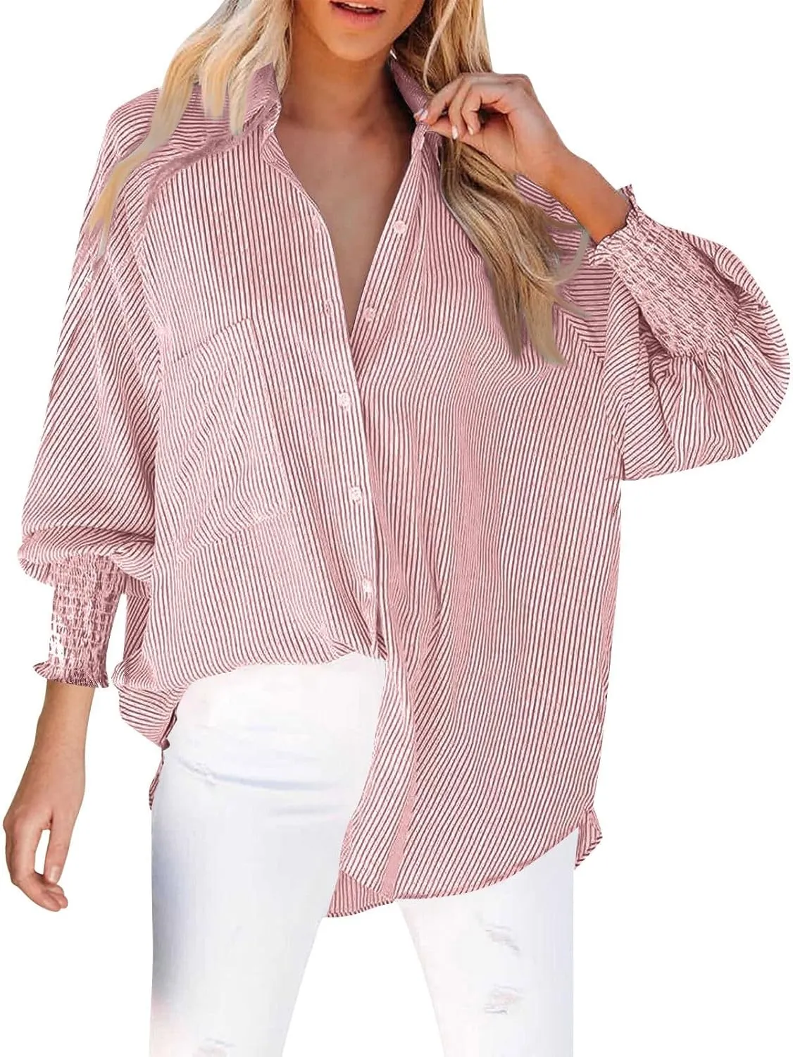 Women's Striped Button Down Shirts Puff Sleeve Oversized Blouses Boyfriends Loose Tunics Business Work Tops