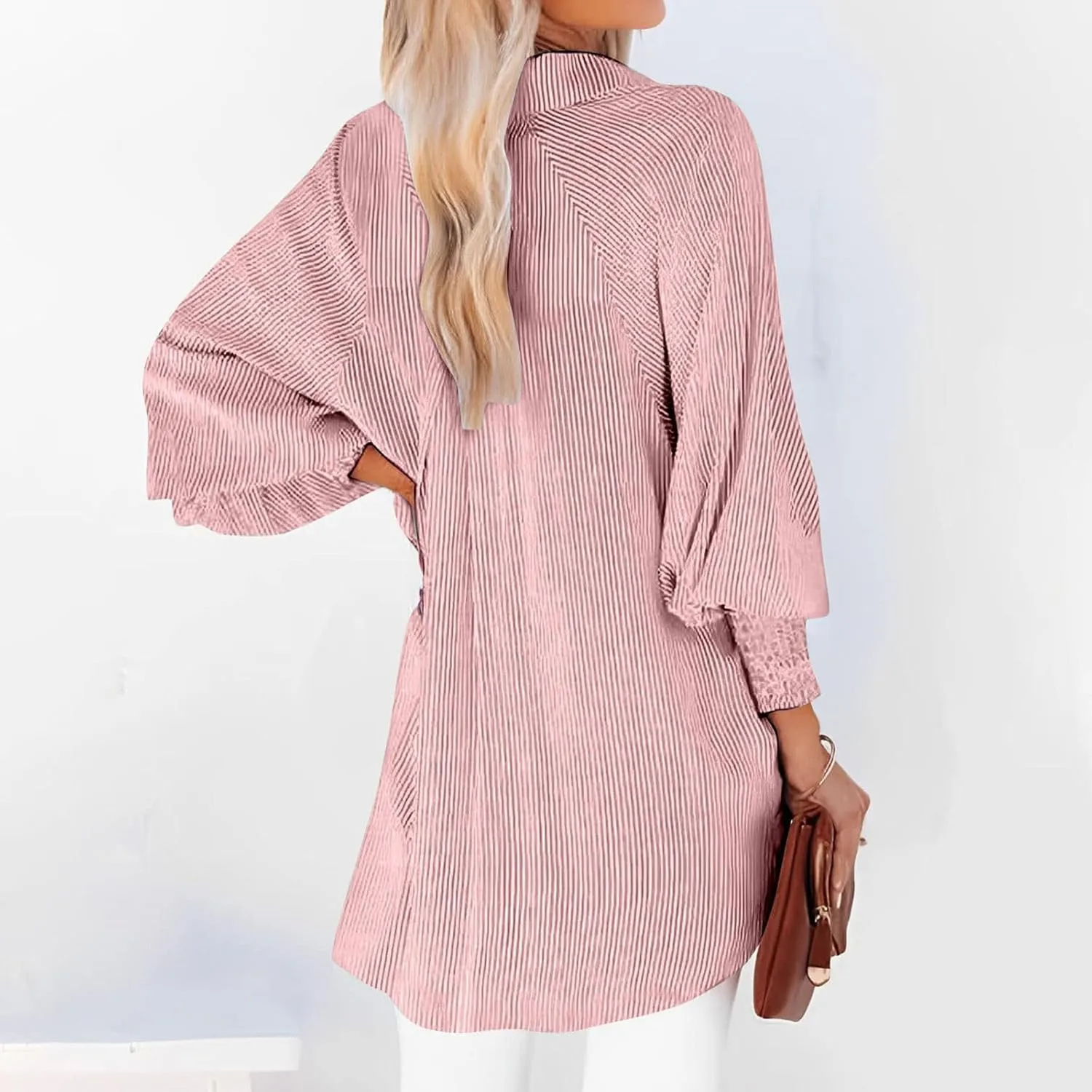Women's Striped Button Down Shirts Puff Sleeve Oversized Blouses Boyfriends Loose Tunics Business Work Tops