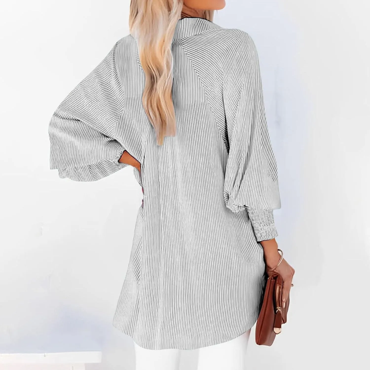 Women's Striped Button Down Shirts Puff Sleeve Oversized Blouses Boyfriends Loose Tunics Business Work Tops
