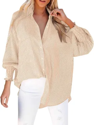 Women's Striped Button Down Shirts Puff Sleeve Oversized Blouses Boyfriends Loose Tunics Business Work Tops