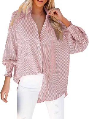 Women's Striped Button Down Shirts Puff Sleeve Oversized Blouses Boyfriends Loose Tunics Business Work Tops
