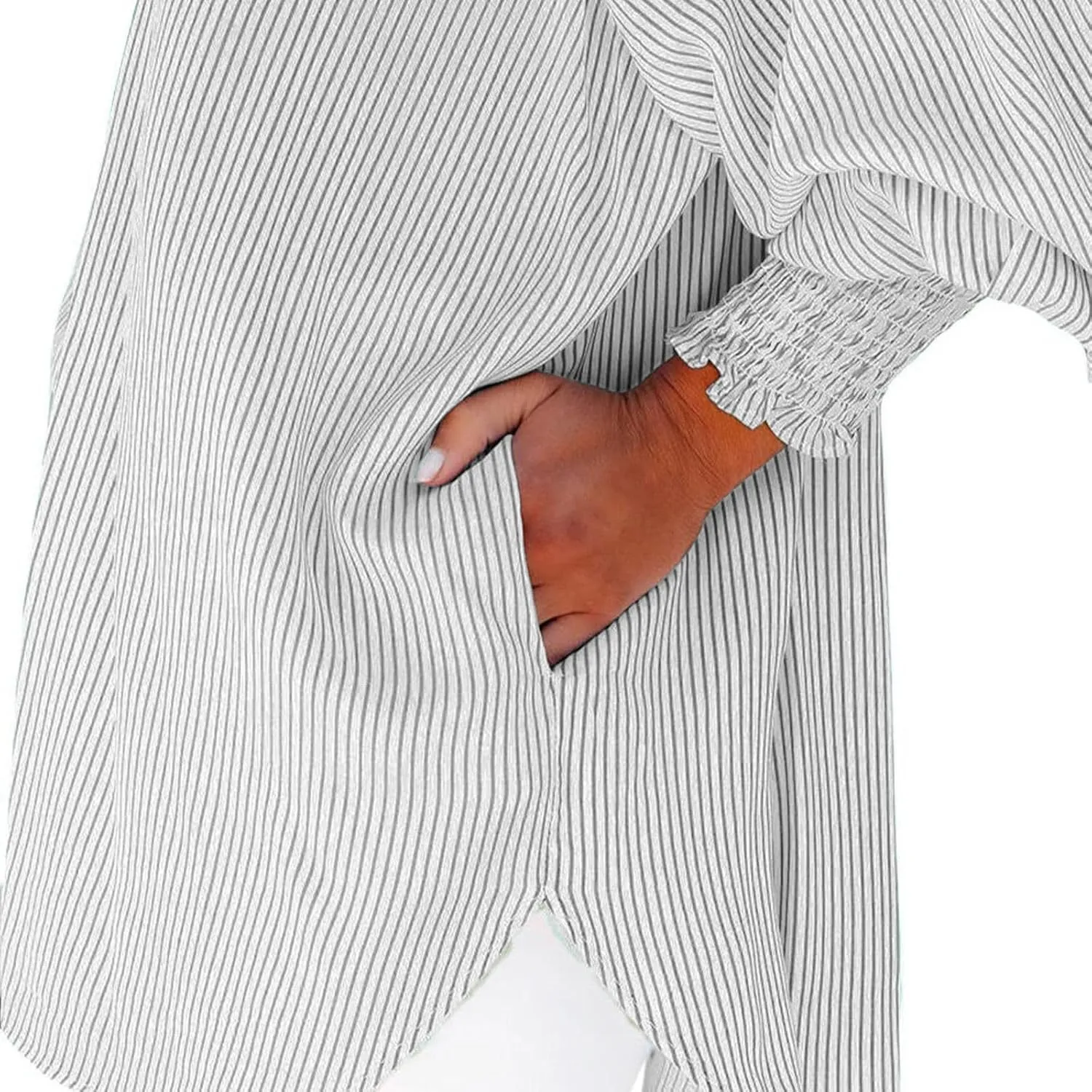 Women's Striped Button Down Shirts Puff Sleeve Oversized Blouses Boyfriends Loose Tunics Business Work Tops