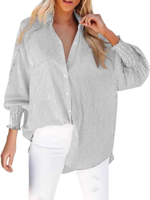 Women's Striped Button Down Shirts Puff Sleeve Oversized Blouses Boyfriends Loose Tunics Business Work Tops