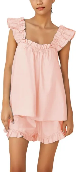 Womens Summer 2 Piece Set Fashion Ruffle Trim Cami and Casual Shorts Set Cotton Pajama Sets