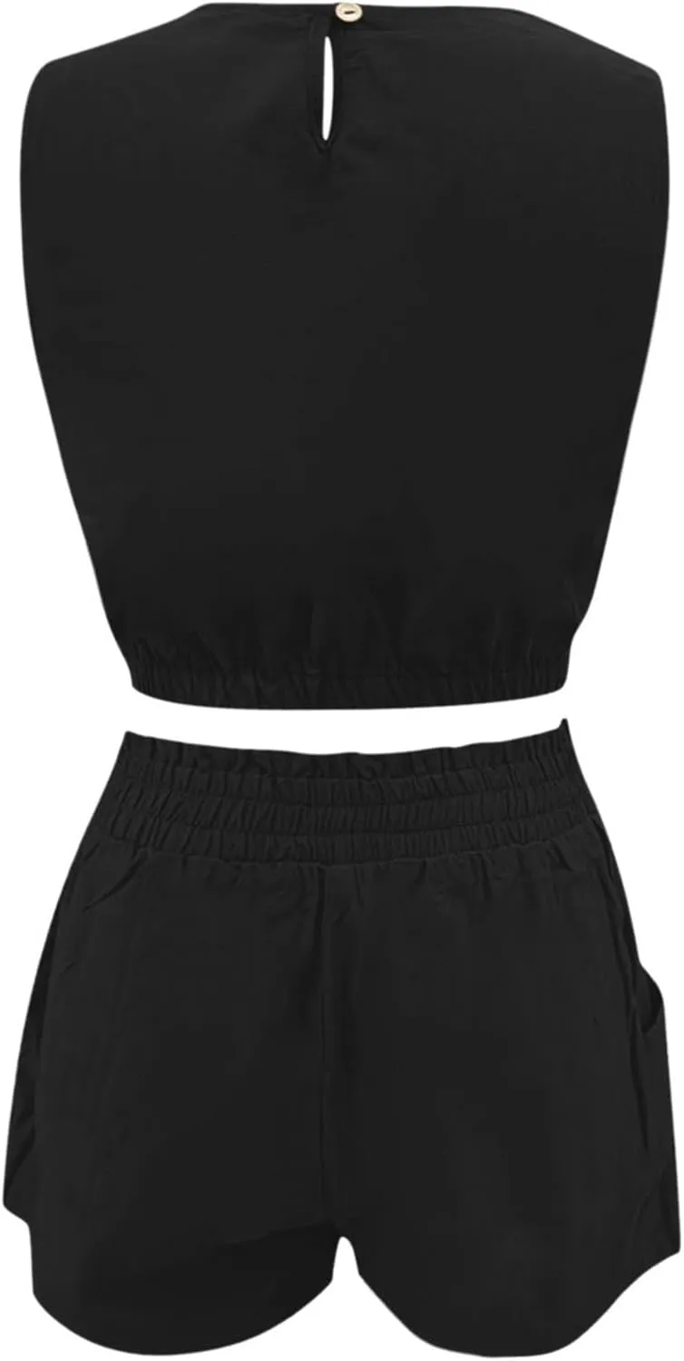 Womens Summer 2 Piece Vacation Outfits Short Sets Matching Sleeveless Crop Top High Waisted Shorts Trendy with Pockets