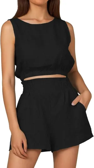 Womens Summer 2 Piece Vacation Outfits Short Sets Matching Sleeveless Crop Top High Waisted Shorts Trendy with Pockets