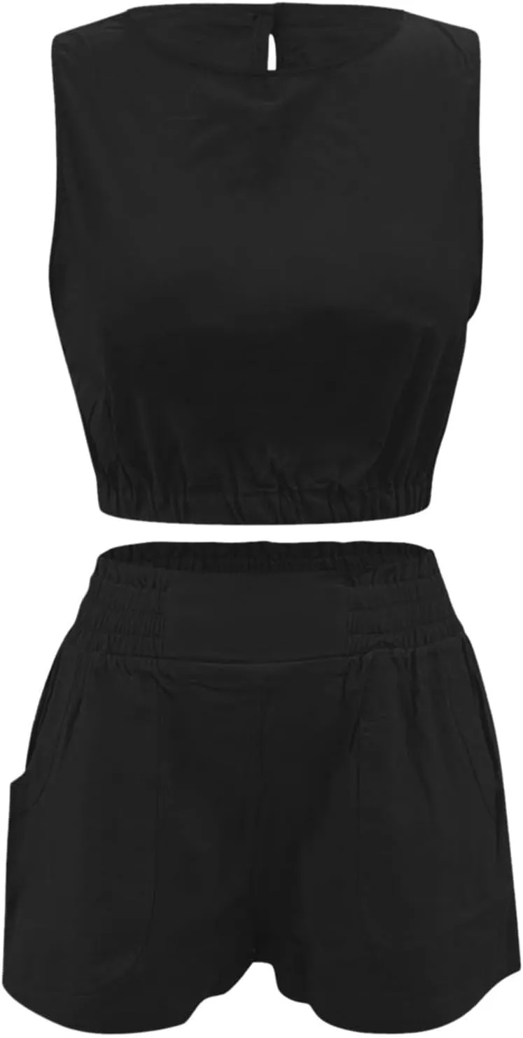 Womens Summer 2 Piece Vacation Outfits Short Sets Matching Sleeveless Crop Top High Waisted Shorts Trendy with Pockets