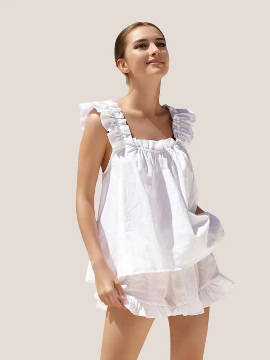 Womens Summer Pajama Sets 2 Piece Outfits Ruffle Trim Top and Shorts Cotton Loungewear Set