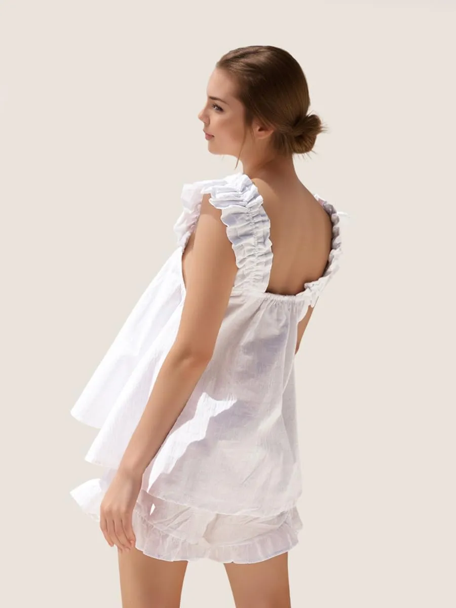 Womens Summer Pajama Sets 2 Piece Outfits Ruffle Trim Top and Shorts Cotton Loungewear Set