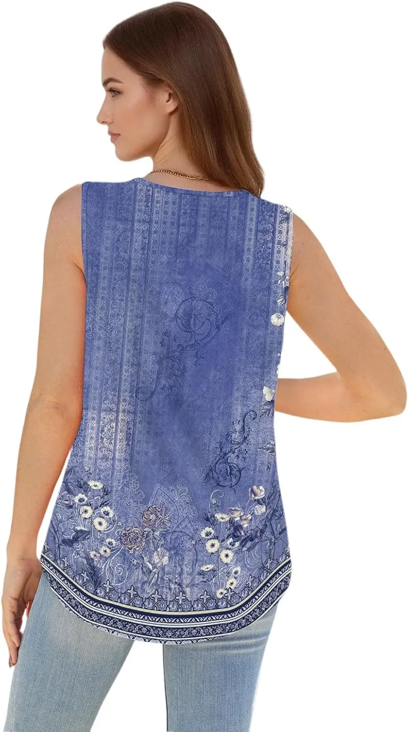 Womens Summer Tops 2025 Button-Down V-Neck Sleeveless Tank Tops Loose Fit Dressy Blouses Casual Floral Tunics Tshirt