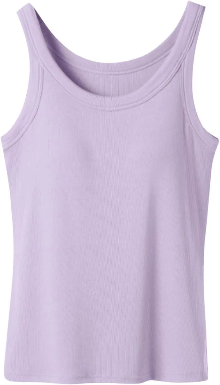Women's Tank with Built in Bra U Neck Sleeveless Smooth Tanks Seamless Soft Spaghetti Strap Comfy Tops for Ladies