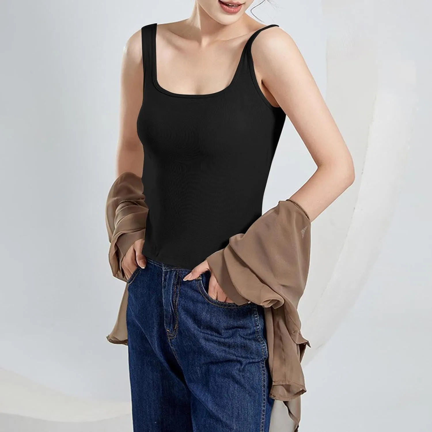Womens Tops Tank Top with Built in Bra 2025 Summer Spaghetti Strap Sports Camisoles Layering Undershirts Cami Tops