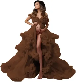 Women's Tulle Robe for Maternity Photoshoot Puffy Ruffles Bridal Lingerie Bathgown Illusion Wedding Scarf