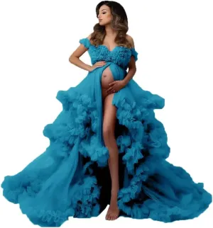 Women's Tulle Robe for Maternity Photoshoot Puffy Ruffles Bridal Lingerie Bathgown Illusion Wedding Scarf