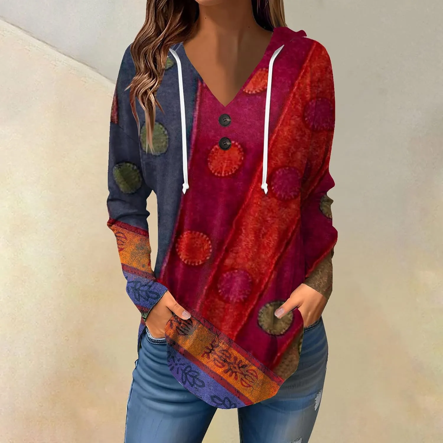 Womens Tunic Tops Winter Ethnic Floral Oversized Hoodie Long Sleeve Blouse Vneck Button Shirts Fall Sweatshirt Graphic