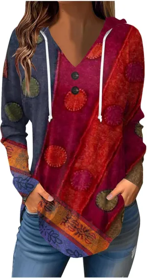 Womens Tunic Tops Winter Ethnic Floral Oversized Hoodie Long Sleeve Blouse Vneck Button Shirts Fall Sweatshirt Graphic