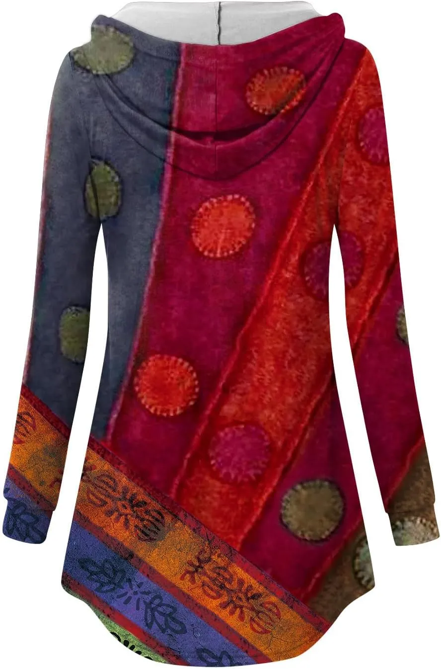 Womens Tunic Tops Winter Ethnic Floral Oversized Hoodie Long Sleeve Blouse Vneck Button Shirts Fall Sweatshirt Graphic