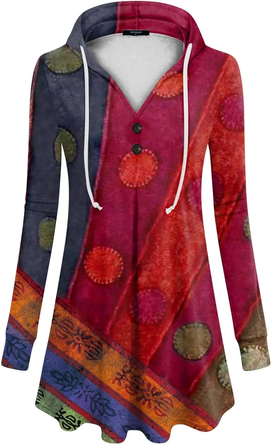 Womens Tunic Tops Winter Ethnic Floral Oversized Hoodie Long Sleeve Blouse Vneck Button Shirts Fall Sweatshirt Graphic
