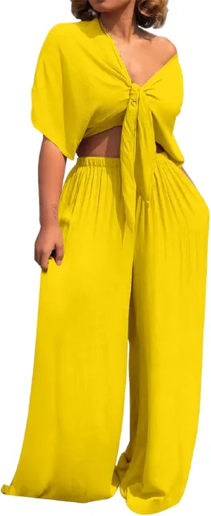Womens Two Piece Sets Deep V Neck Crop Tops Wide Leg Pants Plus Size Outfits Loose Fit Clothing Summer Set 2025