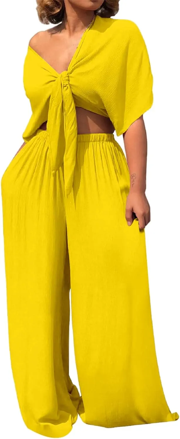 Womens Two Piece Sets Deep V Neck Crop Tops Wide Leg Pants Plus Size Outfits Loose Fit Clothing Summer Set 2025