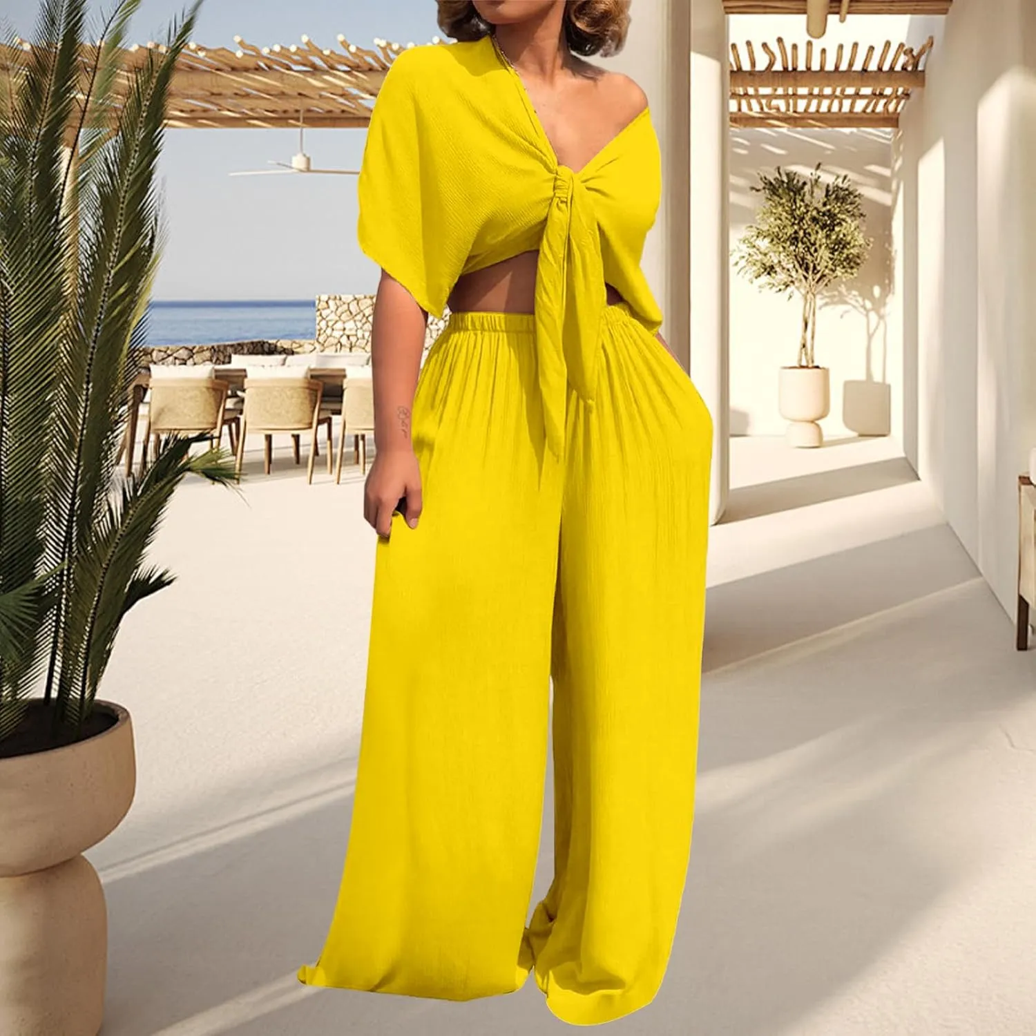 Womens Two Piece Sets Deep V Neck Crop Tops Wide Leg Pants Plus Size Outfits Loose Fit Clothing Summer Set 2025