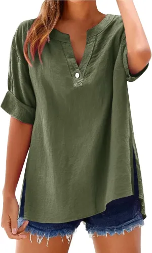 Womens V Neck Linen Henley Shirts 2025 Trendy Short Sleeve Button Summer Tee Blouses Loose Dressy Vacation Tunic Tops