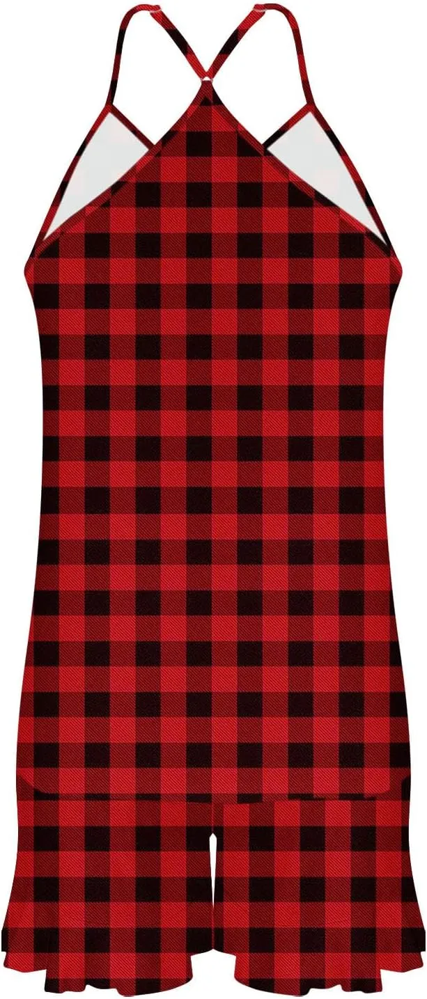 Women's Vintage Plaid Pajamas Set Casual Loungewear 2 Piece Camisole Sleepwear Shorts Light Thin Breathable Pajama