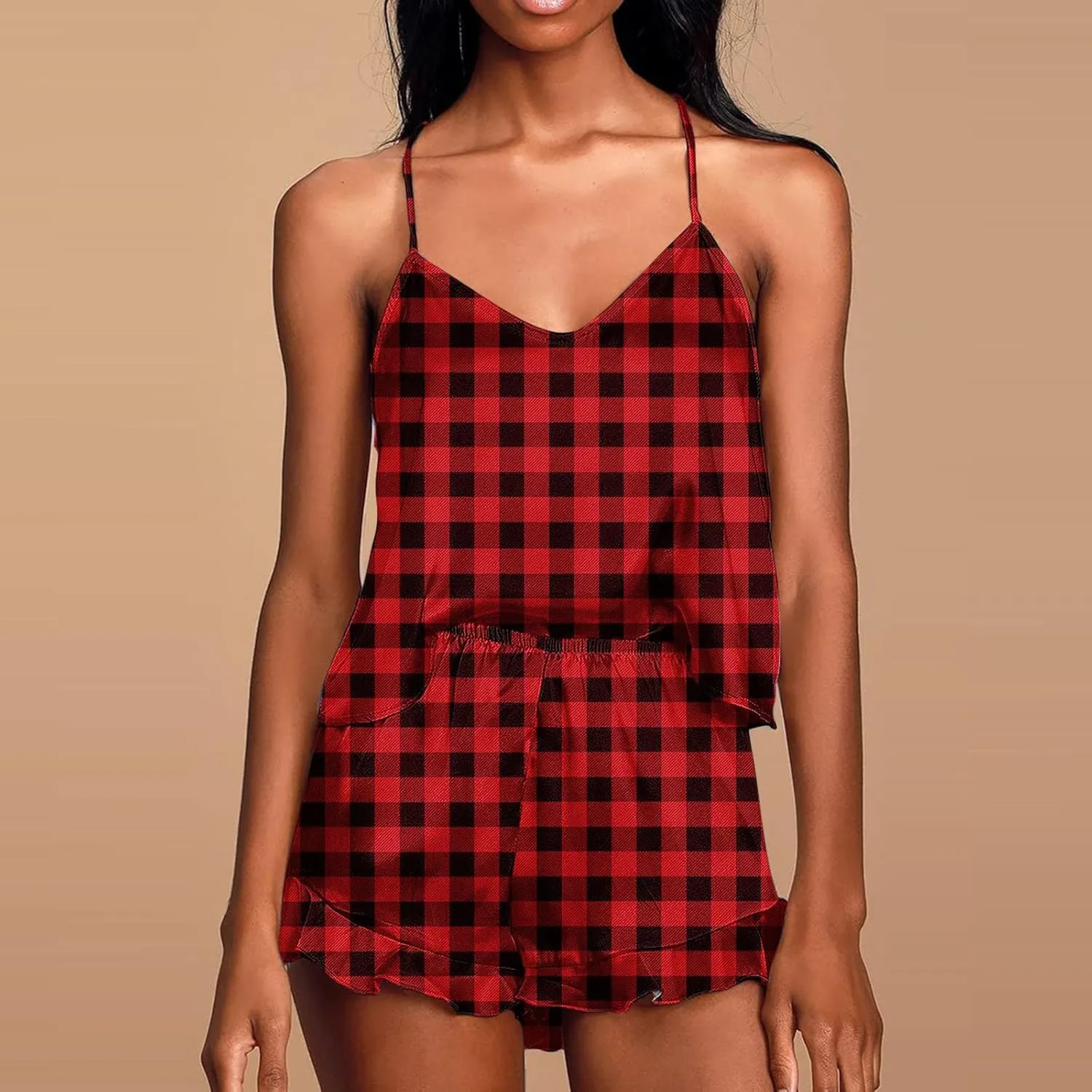 Women's Vintage Plaid Pajamas Set Casual Loungewear 2 Piece Camisole Sleepwear Shorts Light Thin Breathable Pajama
