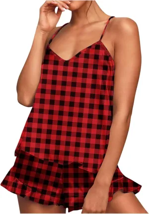 Women's Vintage Plaid Pajamas Set Casual Loungewear 2 Piece Camisole Sleepwear Shorts Light Thin Breathable Pajama