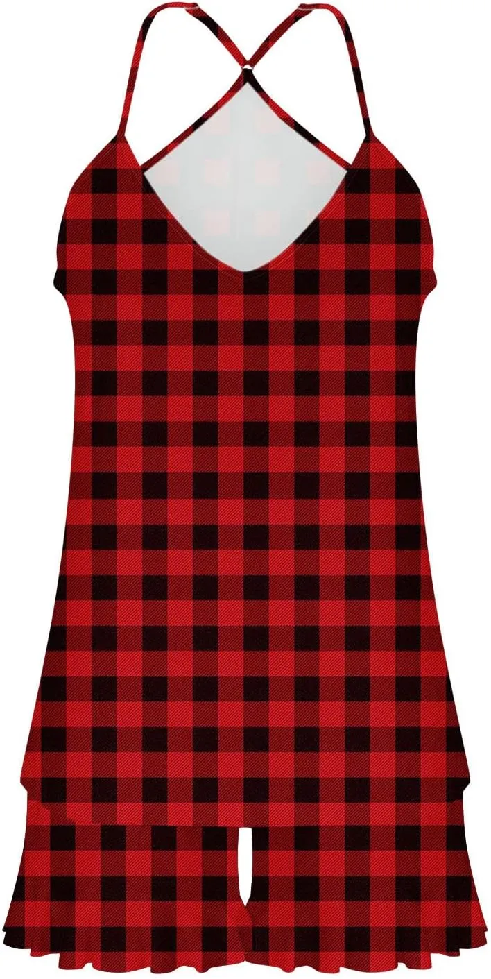 Women's Vintage Plaid Pajamas Set Casual Loungewear 2 Piece Camisole Sleepwear Shorts Light Thin Breathable Pajama
