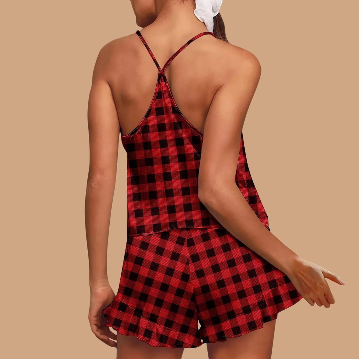 Women's Vintage Plaid Pajamas Set Casual Loungewear 2 Piece Camisole Sleepwear Shorts Light Thin Breathable Pajama