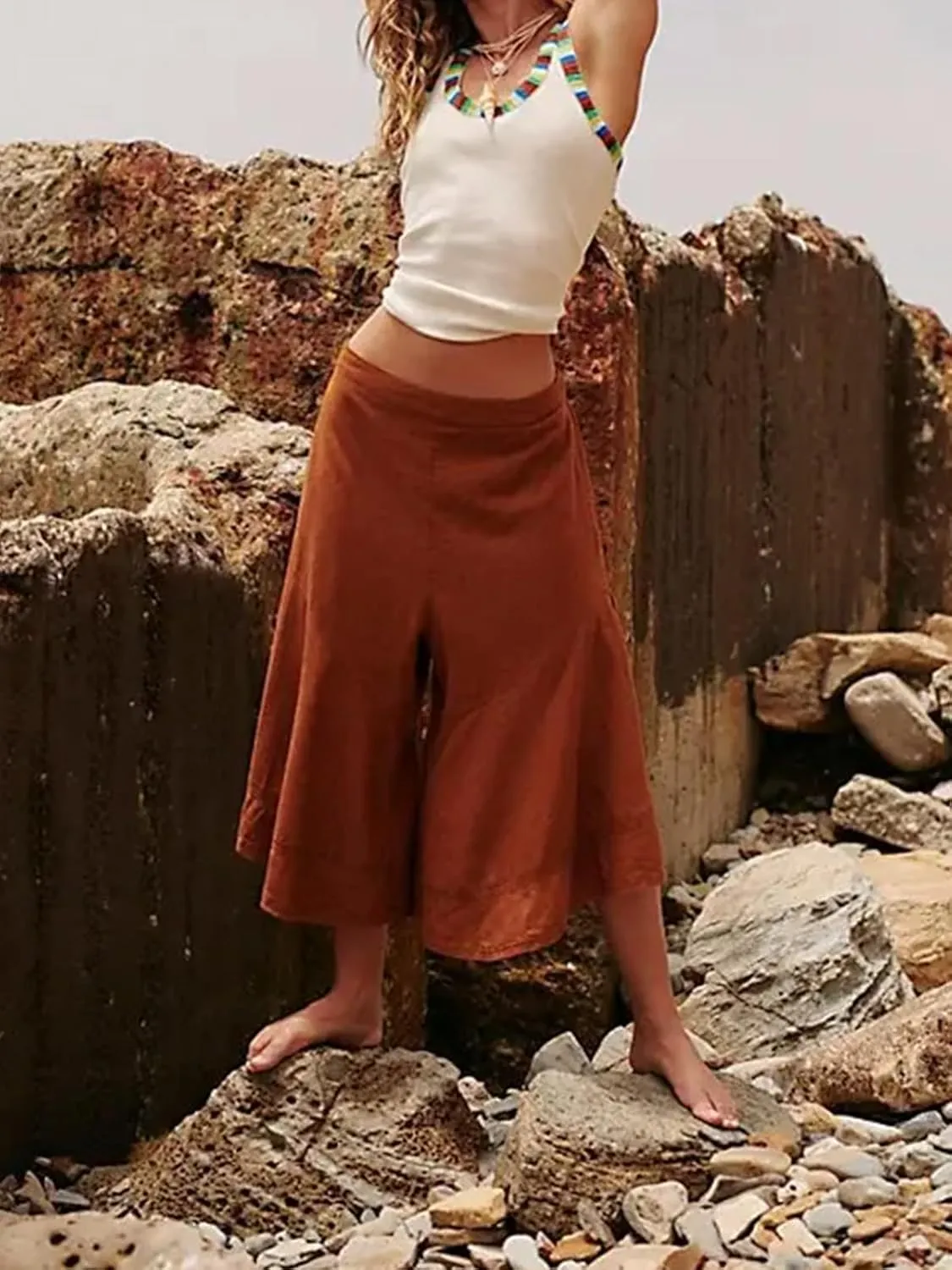 Women's Wide Leg Cropped Pants Linen Flowy Baggy Culottes Summer Casual Palazzo Trousers with Pockets
