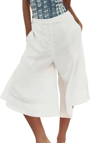Women's Wide Leg Cropped Pants Linen Flowy Baggy Culottes Summer Casual Palazzo Trousers with Pockets