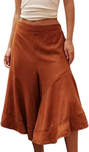 Women's Wide Leg Cropped Pants Linen Flowy Baggy Culottes Summer Casual Palazzo Trousers with Pockets