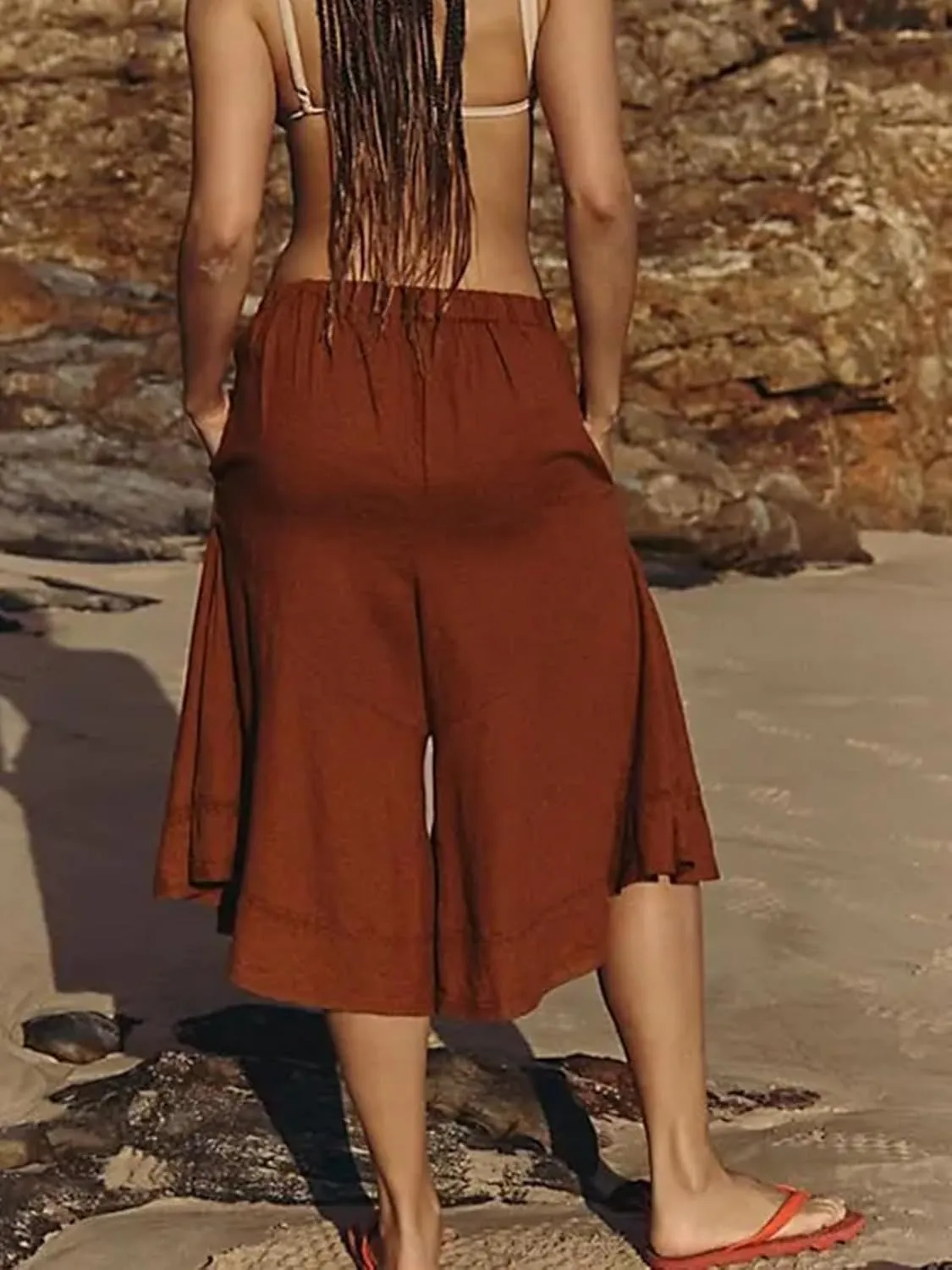 Women's Wide Leg Cropped Pants Linen Flowy Baggy Culottes Summer Casual Palazzo Trousers with Pockets