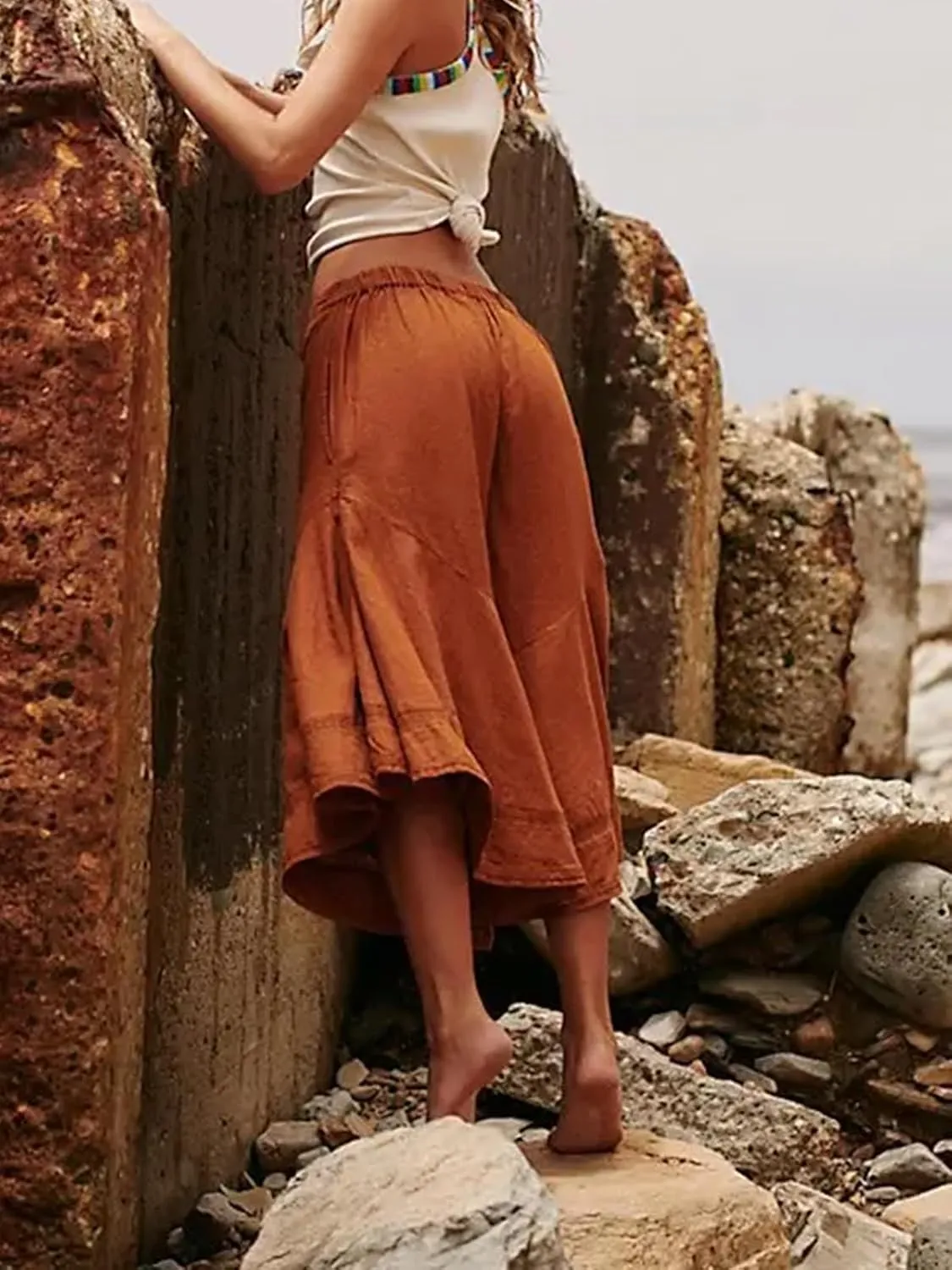 Women's Wide Leg Cropped Pants Linen Flowy Baggy Culottes Summer Casual Palazzo Trousers with Pockets