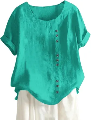 Womens Work Tops Womens Casual Solid Button Top Crewneck Button Tees Linen Plus Size Shirt Loose Short Sleeve Blouse