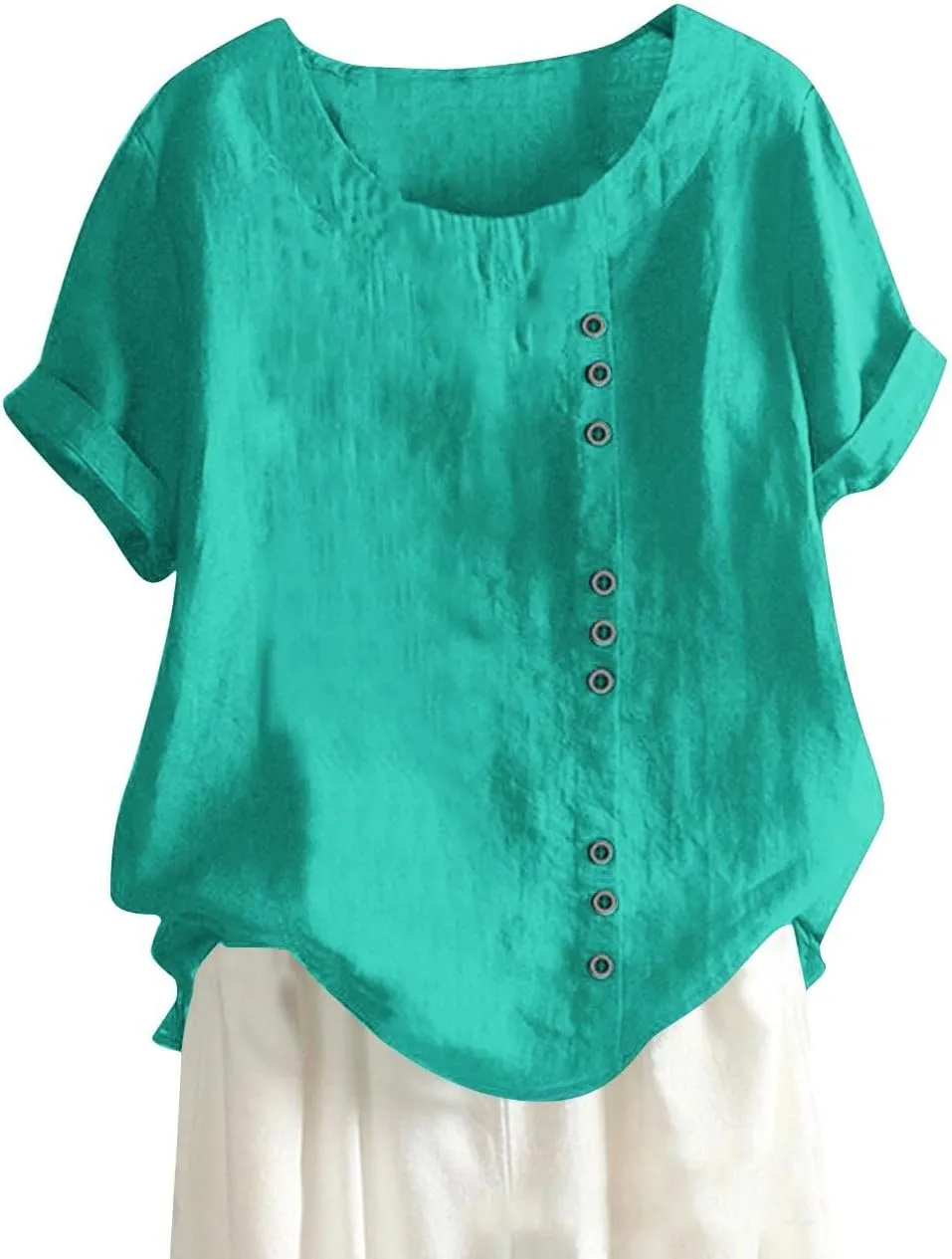 Womens Work Tops Womens Casual Solid Button Top Crewneck Button Tees Linen Plus Size Shirt Loose Short Sleeve Blouse