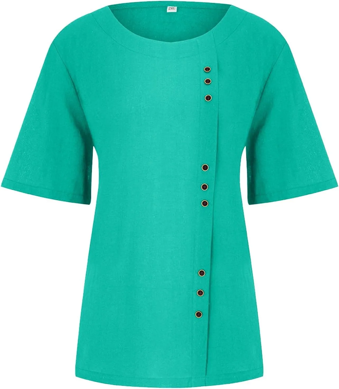 Womens Work Tops Womens Casual Solid Button Top Crewneck Button Tees Linen Plus Size Shirt Loose Short Sleeve Blouse