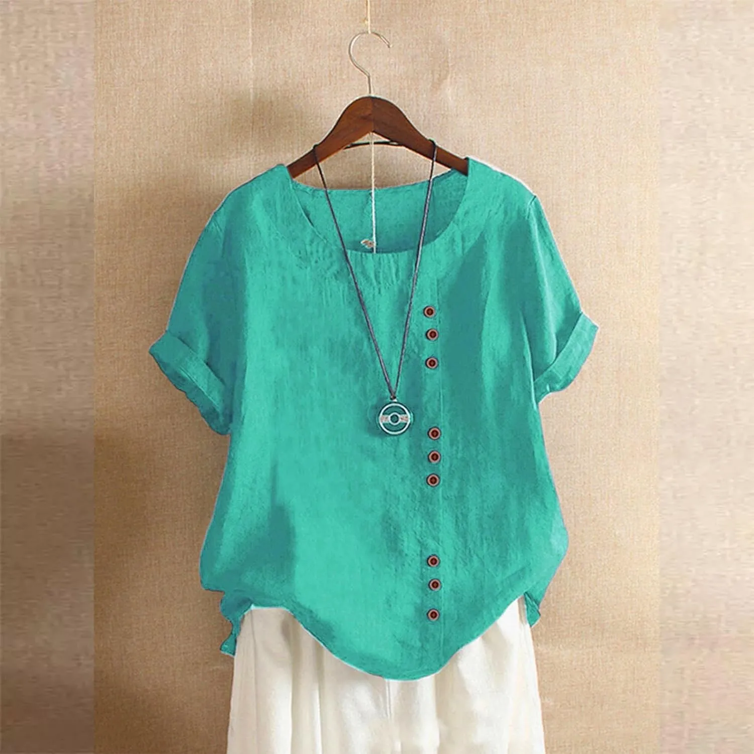 Womens Work Tops Womens Casual Solid Button Top Crewneck Button Tees Linen Plus Size Shirt Loose Short Sleeve Blouse