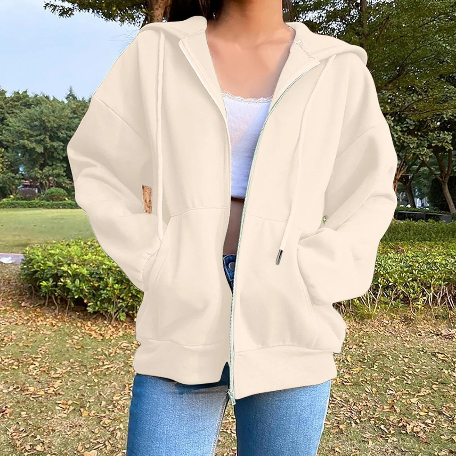 Women's Zip Up Hoodies Casual Fall Fashion Oversized Sweatshirts Y2K Teen Girl Cute Long Sleeve Jackets with Pockets
