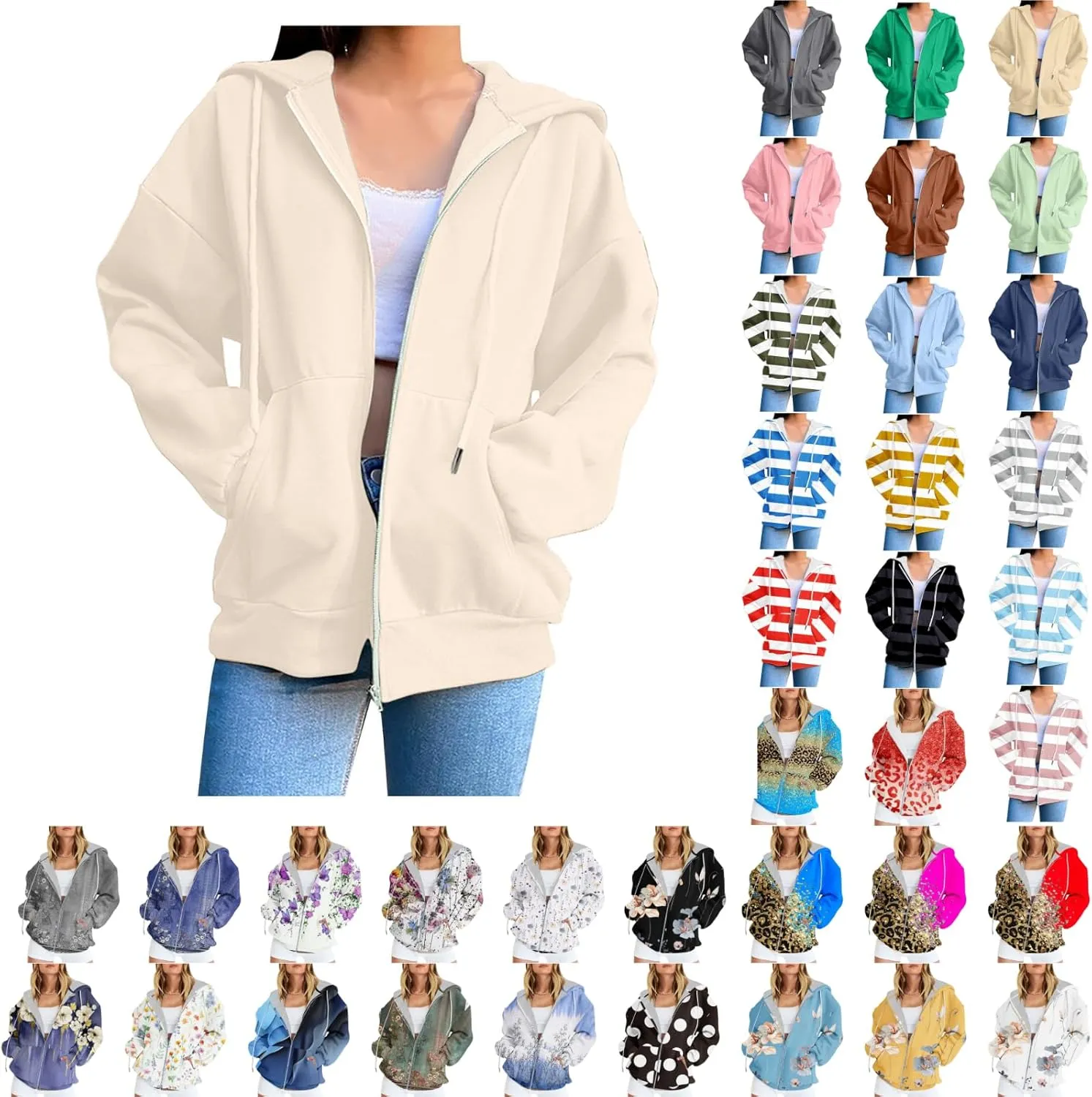 Women's Zip Up Hoodies Casual Fall Fashion Oversized Sweatshirts Y2K Teen Girl Cute Long Sleeve Jackets with Pockets