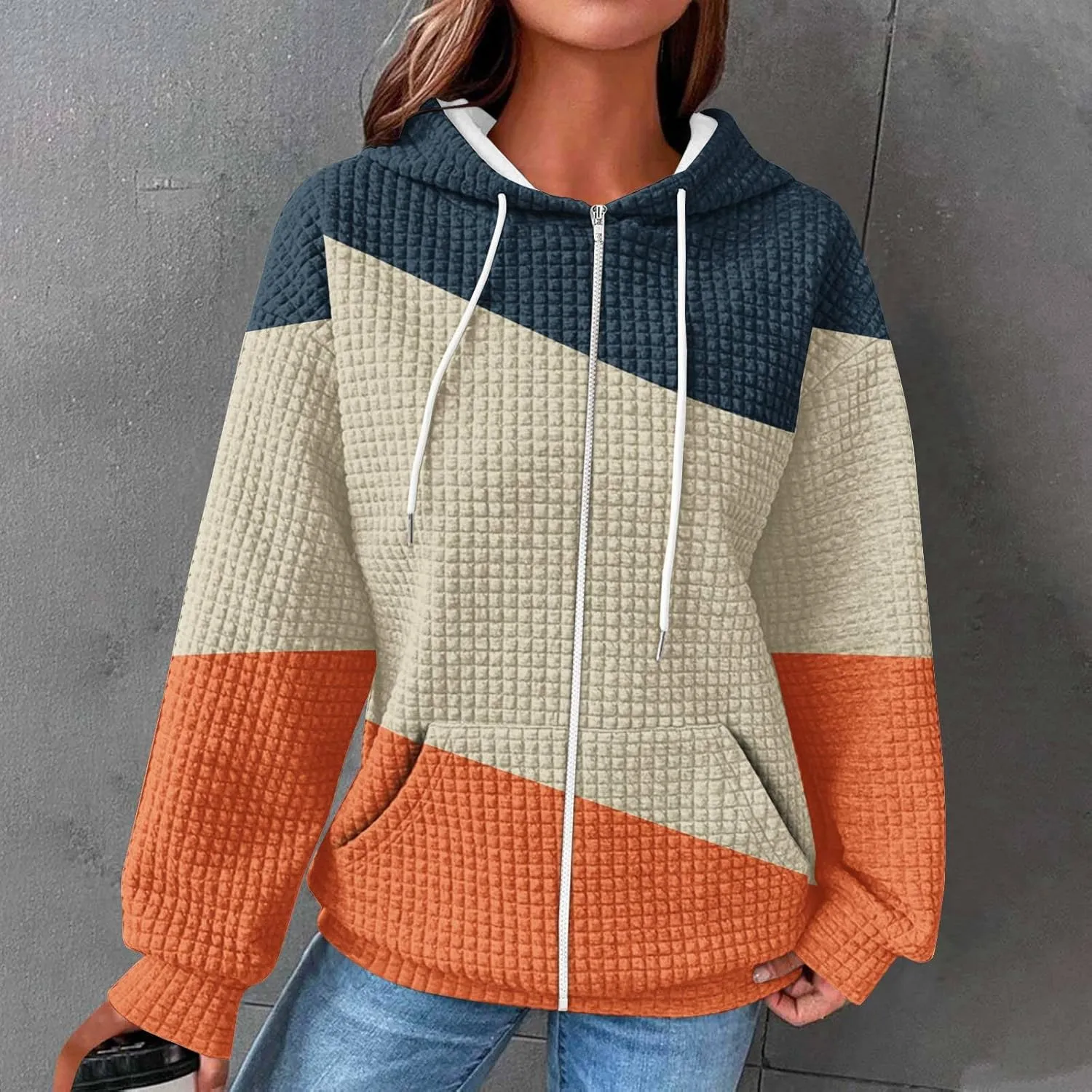 Womens Zip Up Hoodies Stylish Color Block Waffle Knit Jacket Fleece Fashion Pockets Long Sleeve Drawstring Sweatshirt