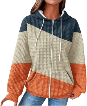 Womens Zip Up Hoodies Stylish Color Block Waffle Knit Jacket Fleece Fashion Pockets Long Sleeve Drawstring Sweatshirt