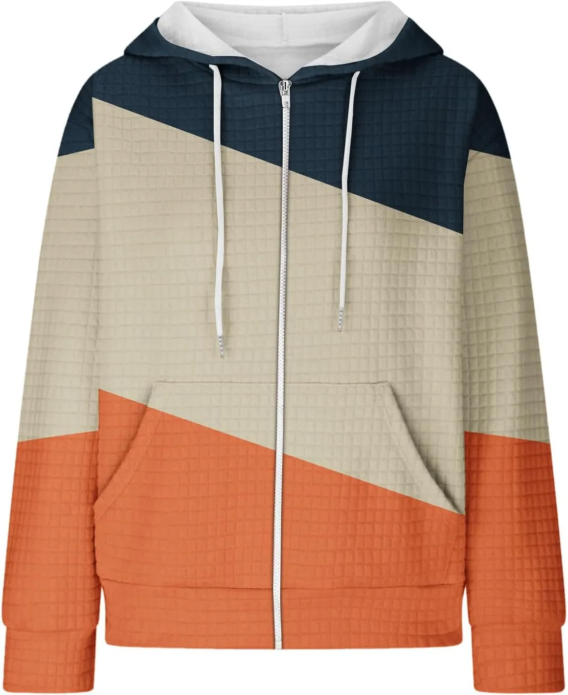 Womens Zip Up Hoodies Stylish Color Block Waffle Knit Jacket Fleece Fashion Pockets Long Sleeve Drawstring Sweatshirt