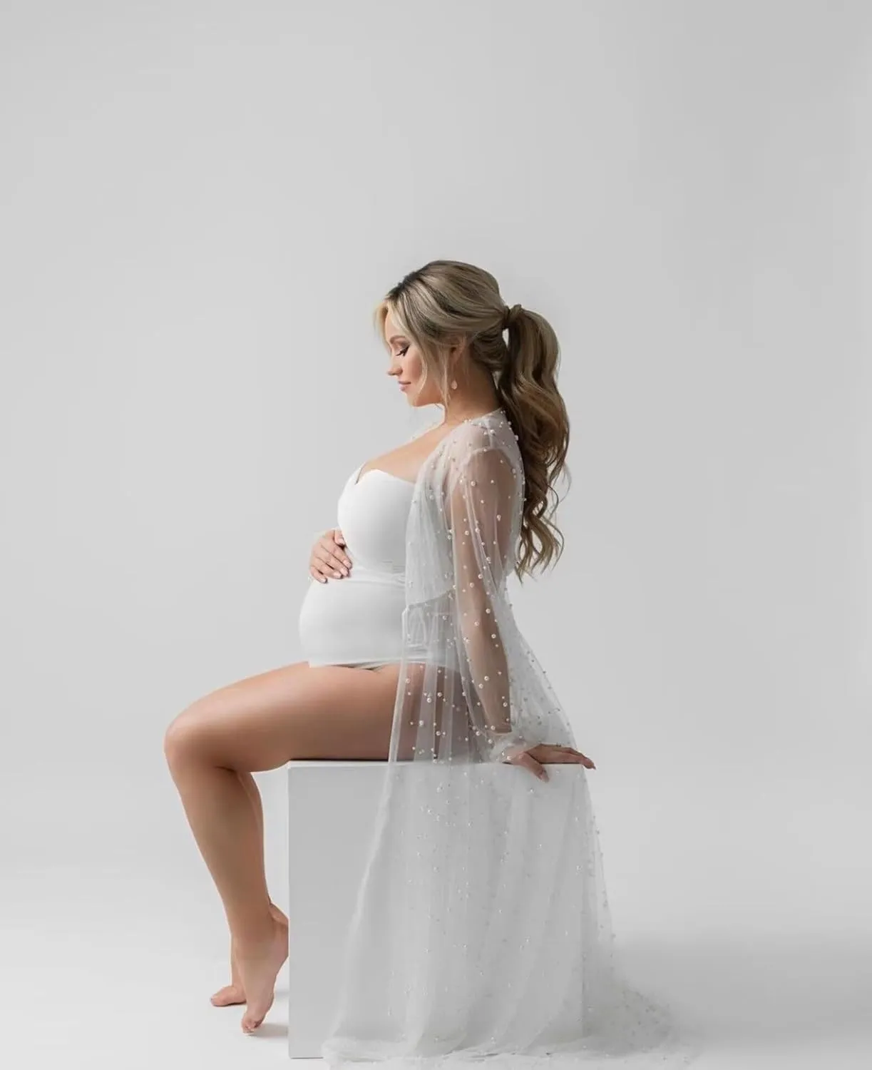 yinyyinhs Pearl Maternity Dress for Photoshoot Long Puffy Sleeves Tulle Robe for Women Bridal Lingerie BabyShower Dress