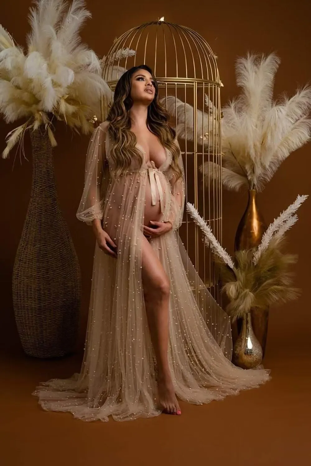 yinyyinhs Pearl Maternity Dress for Photoshoot Long Puffy Sleeves Tulle Robe for Women Bridal Lingerie BabyShower Dress